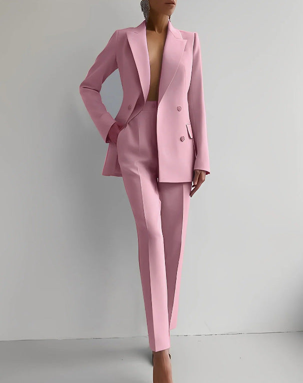 Casual Commuting Solid Colour Blazer & High Waist Trousers Set