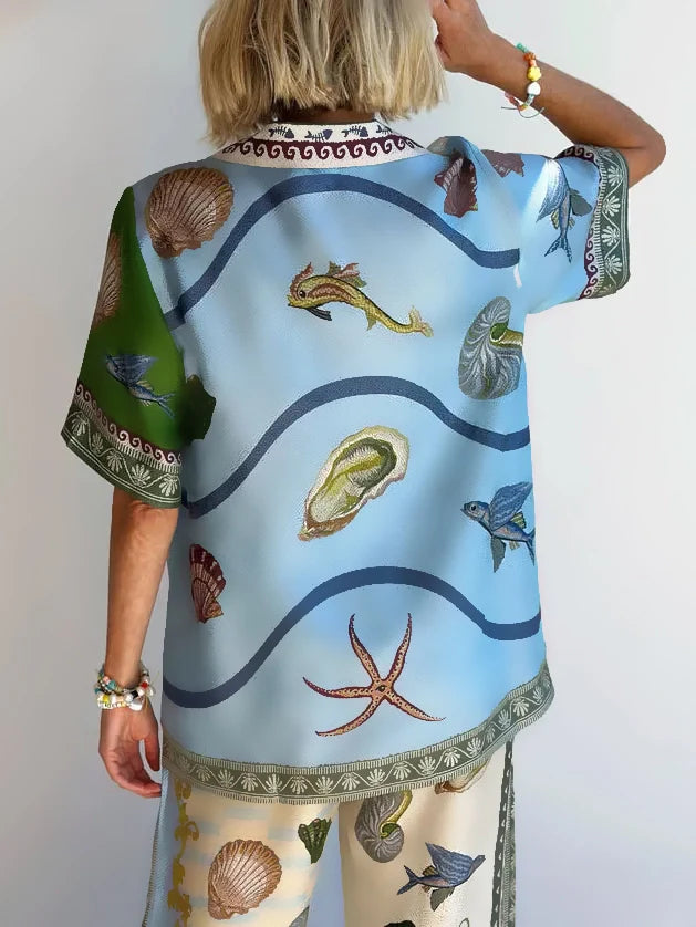 Unique Deep Sea Floral Print Loose Shirt and Trousers Set