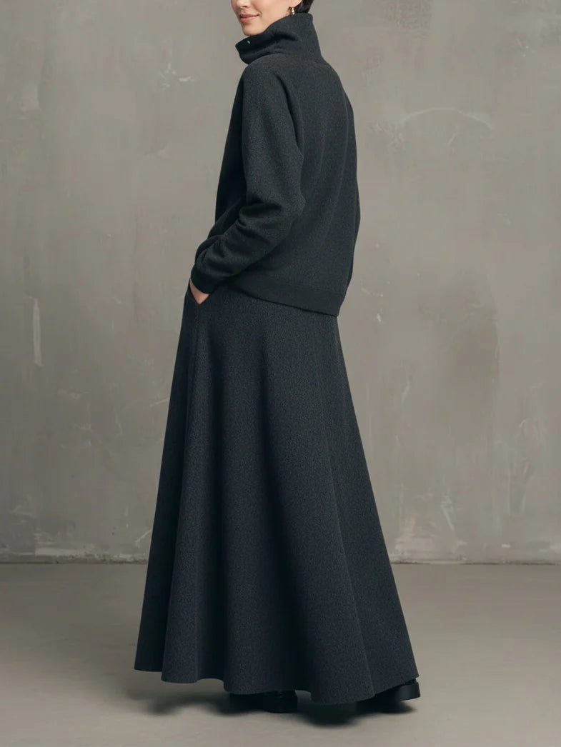 Charcoal Gray Air-layer High-neck Top And Flared Long Skirt Set