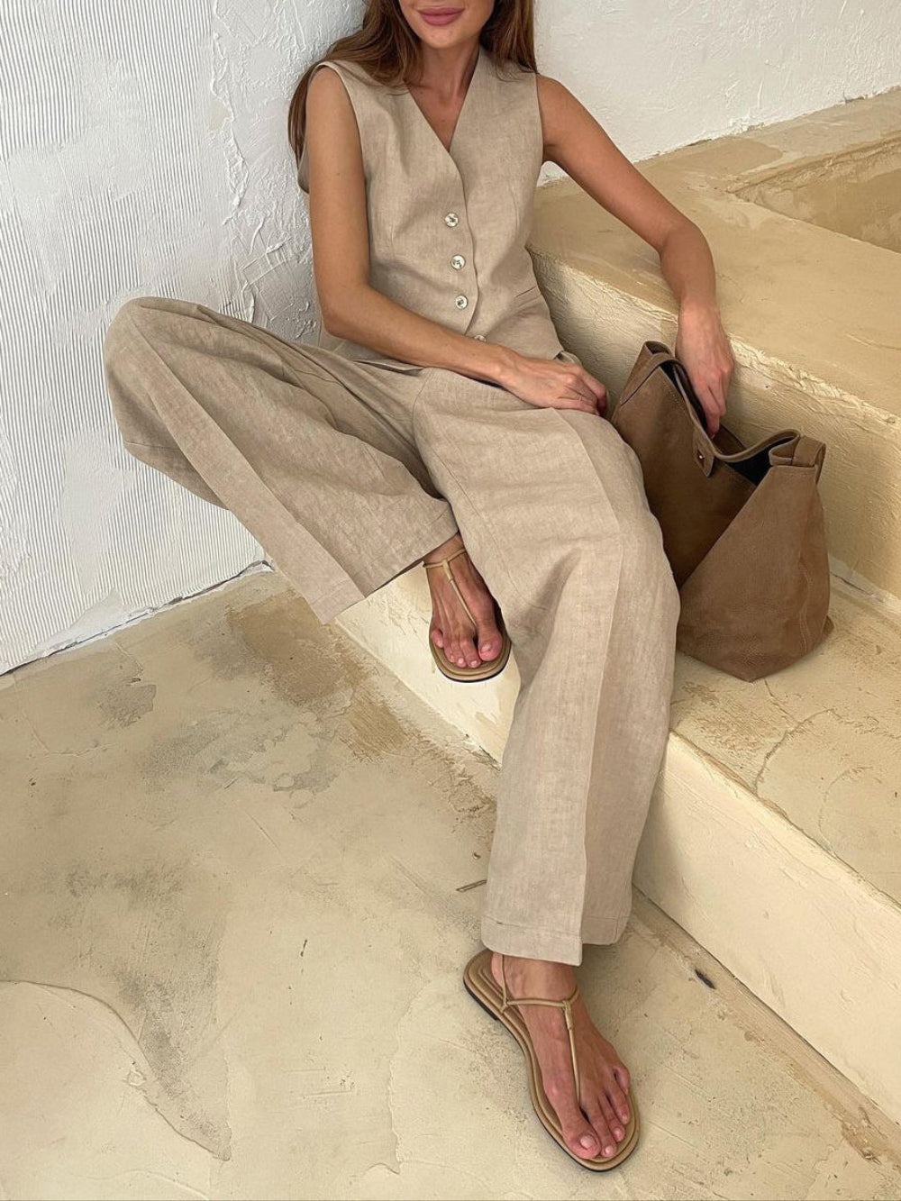 V-Neck Pleated Wide-Leg Trousers Two-Piece Set
