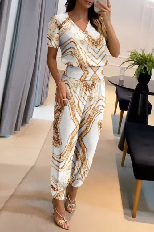 Casual V-Neck Printed Short Sleeve Long Trousers Two-Piece Set