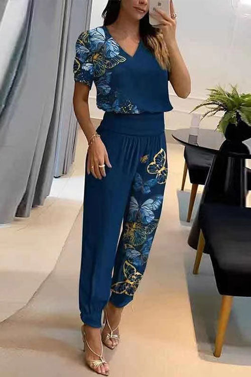 Casual V-Neck Printed Short Sleeve Long Trousers Two-Piece Set
