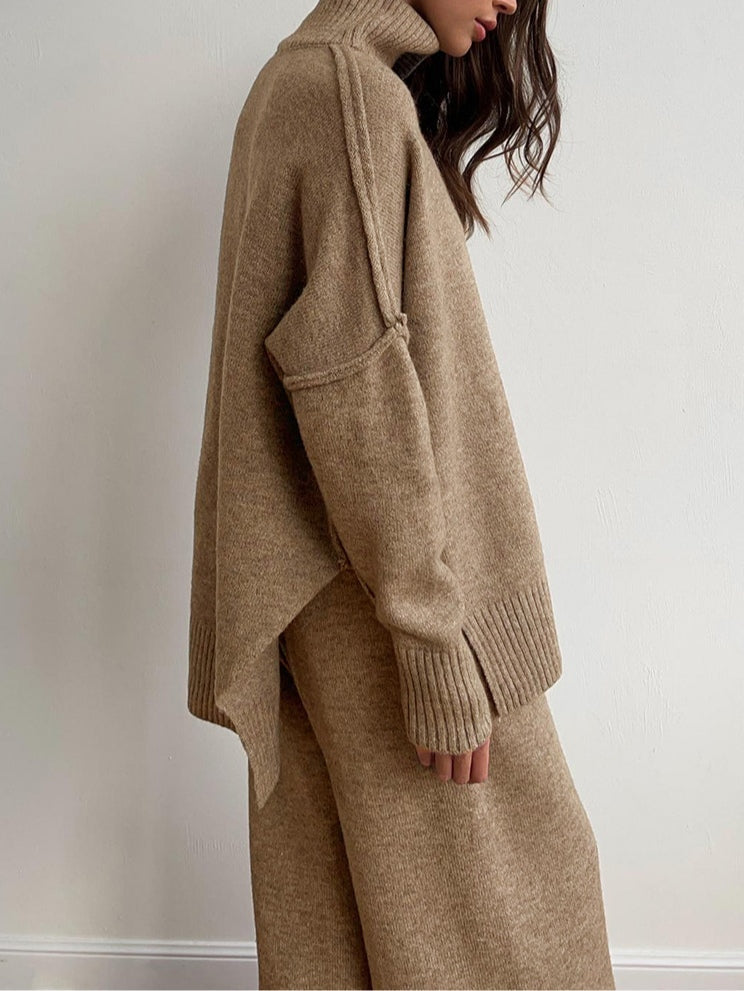 High-neck casual loose thick knit sweater set