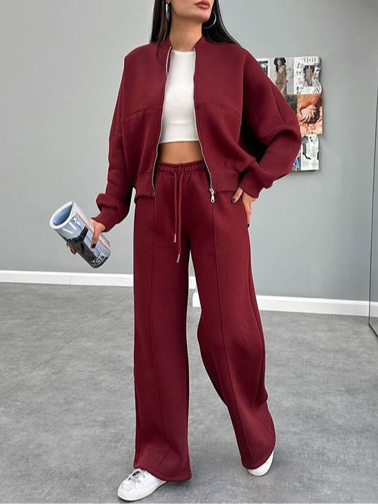 Women's zip-up cardigan and straight leg trousers suit