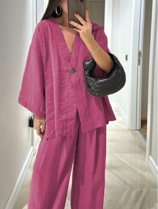 Casual V-Neck Top & Trousers Two-Piece Set