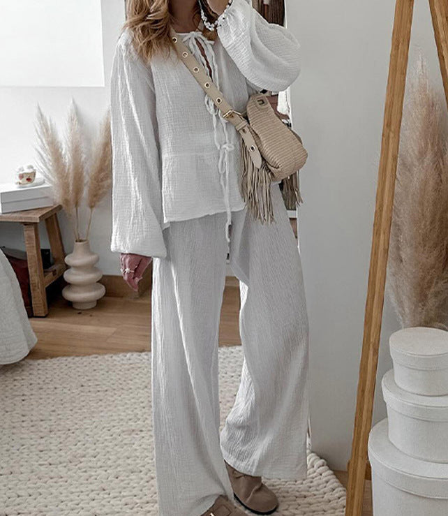 Casual Solid Colour Lace-Up Top & Trousers Two-Piece Set