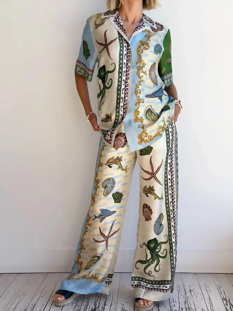 Unique Deep Sea Floral Print Loose Shirt and Trousers Set