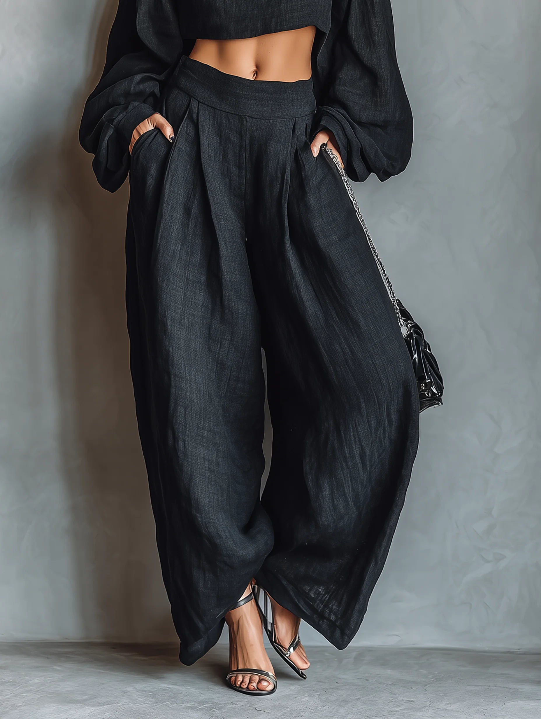Black off-the-shoulder long sleeve top set with wide pants