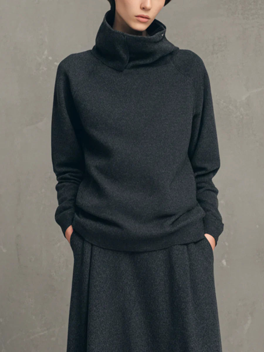 Charcoal Gray Air-layer High-neck Top And Flared Long Skirt Set