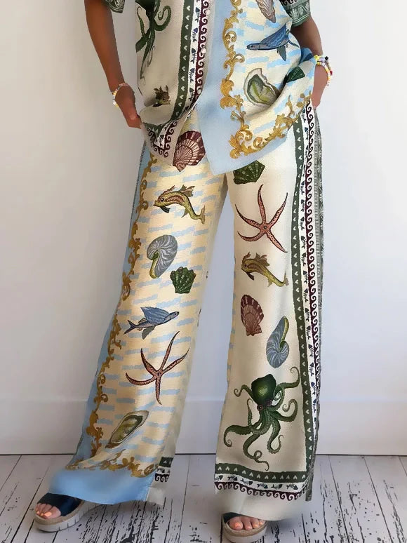 Unique Deep Sea Floral Print Loose Shirt and Trousers Set