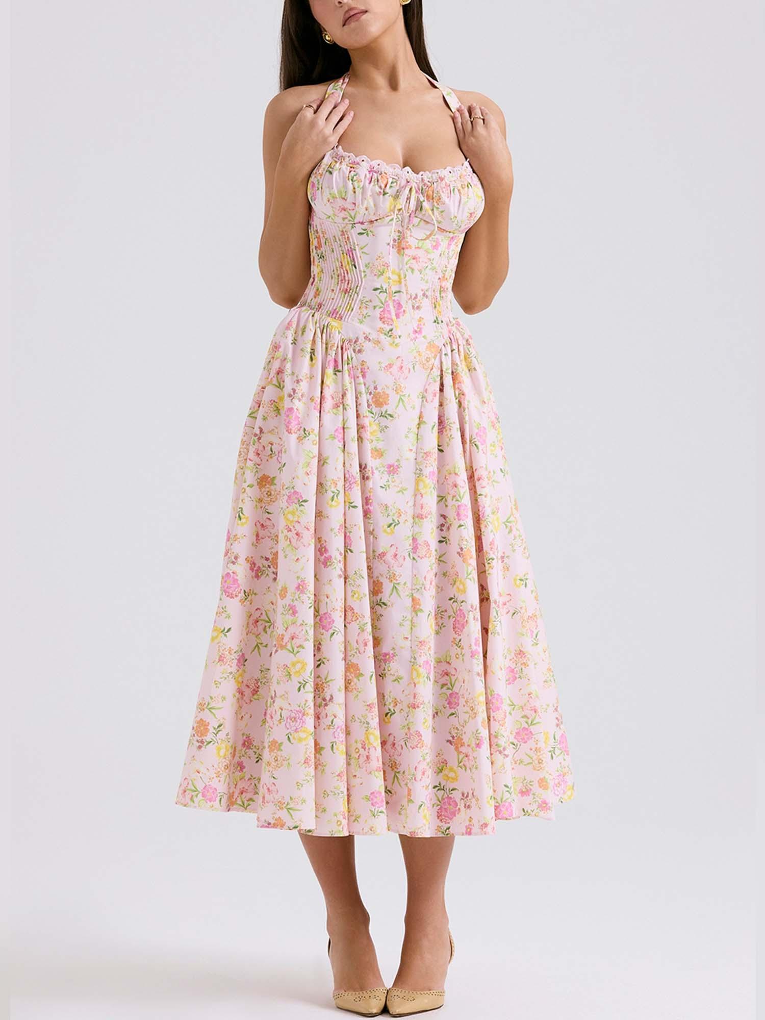 Romantic Floral Corset Midi Dress
