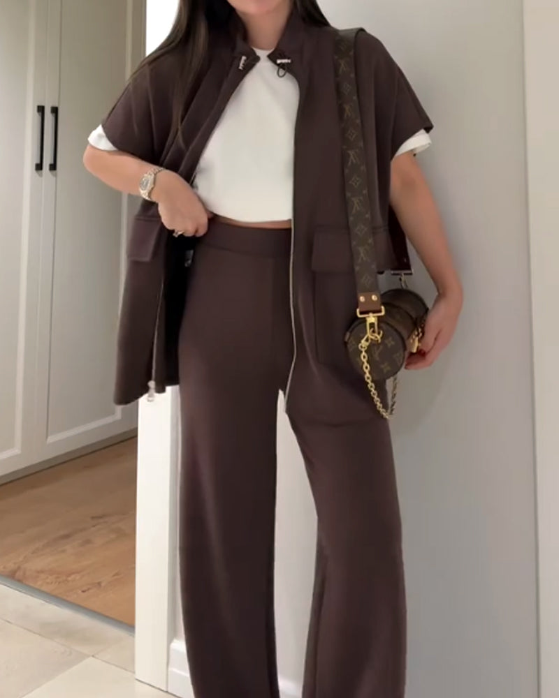 Casual Waist Detail Top & Trousers Two-Piece Set