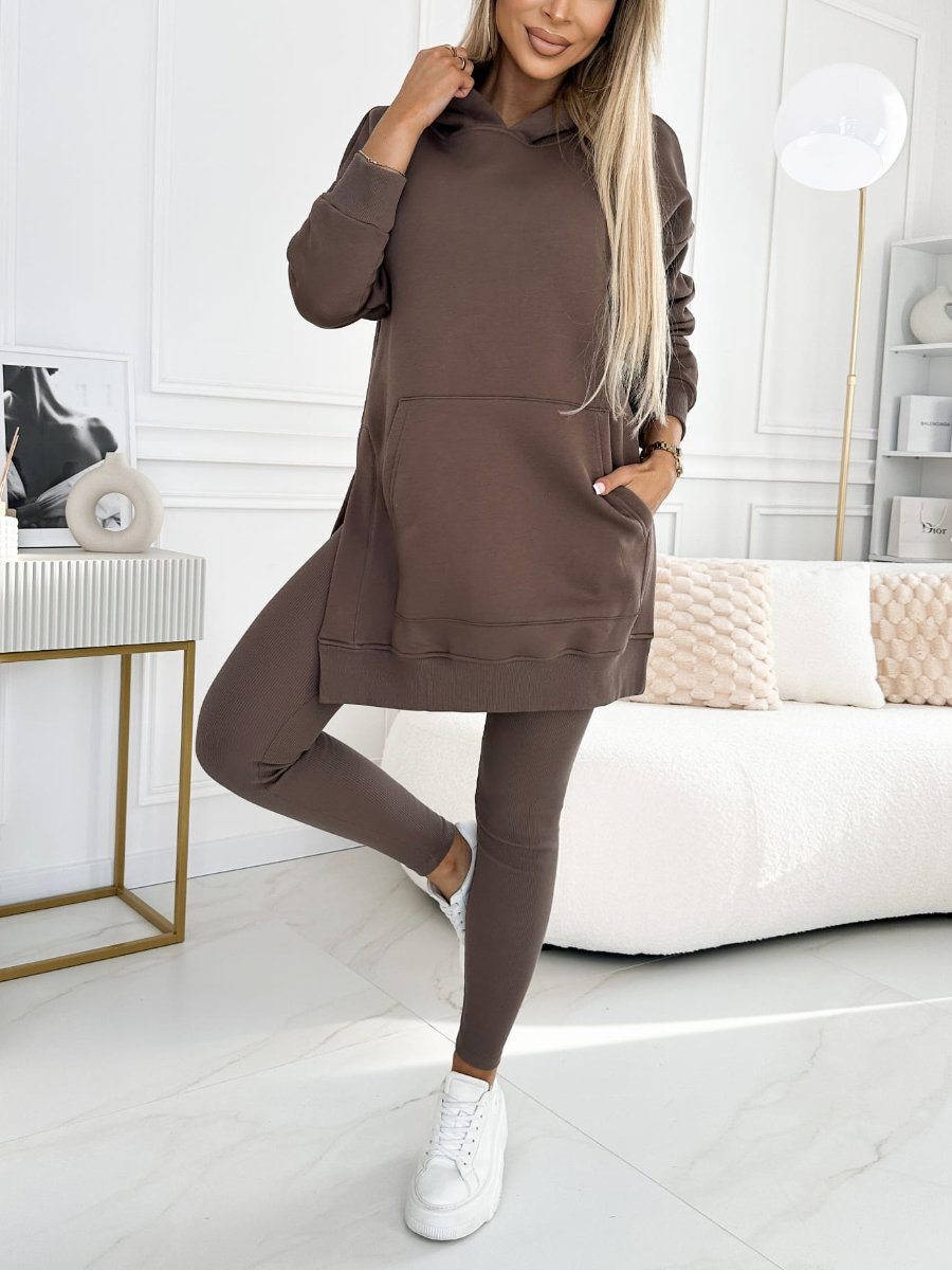 Fashion Solid Colour Hoodie and Lined Leggings Two-piece Set