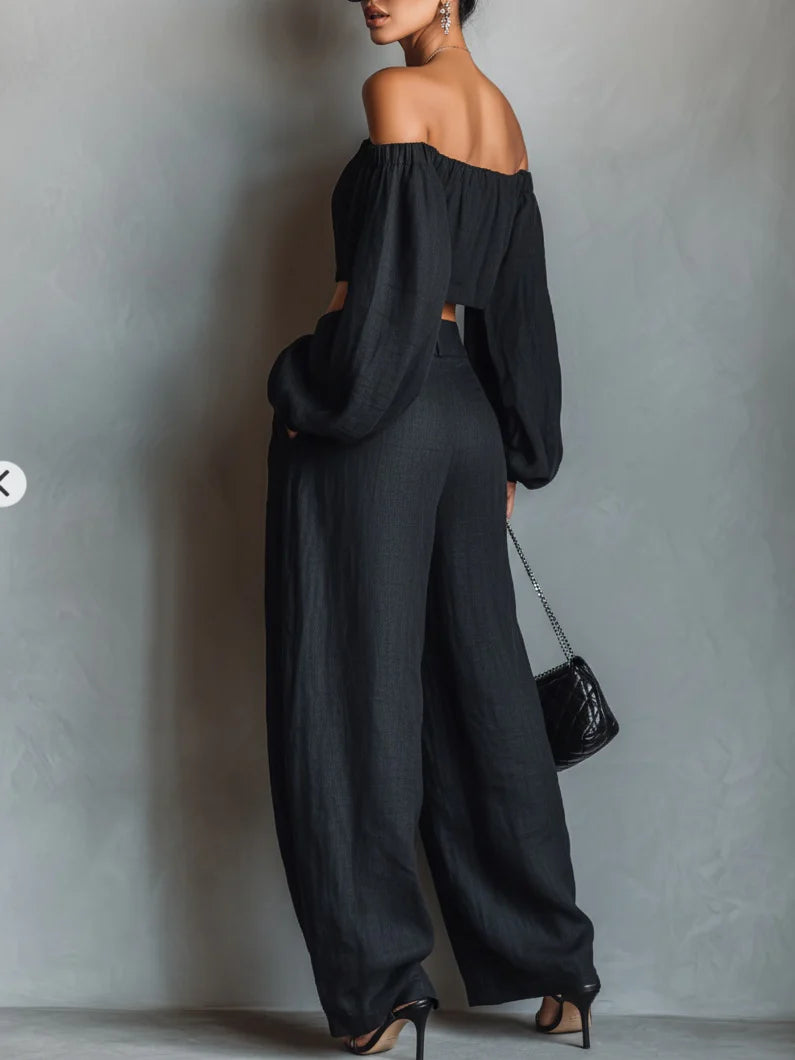 Black off-the-shoulder long sleeve top set with wide pants