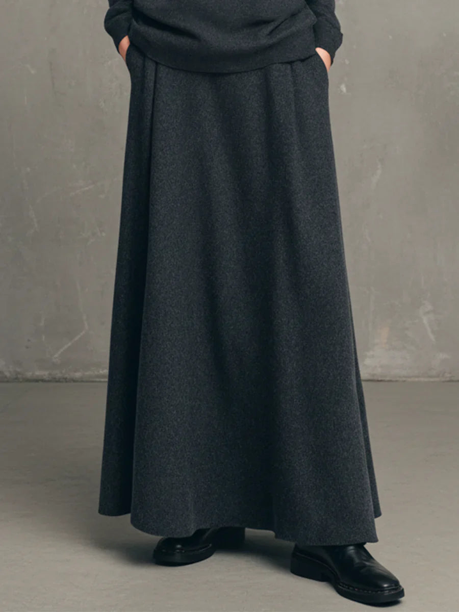 Charcoal Gray Air-layer High-neck Top And Flared Long Skirt Set