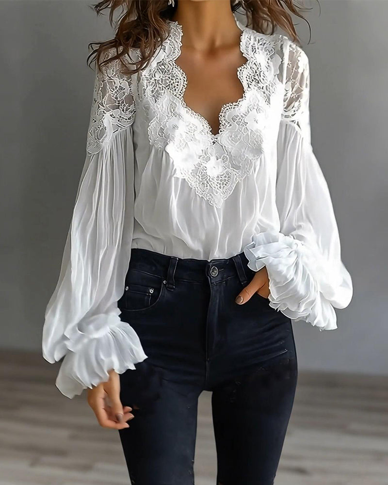 Blouse Lace Patchwork V-Neck
