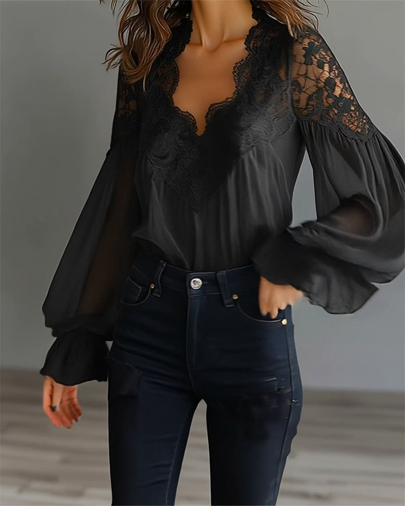 Blouse Lace Patchwork V-Neck