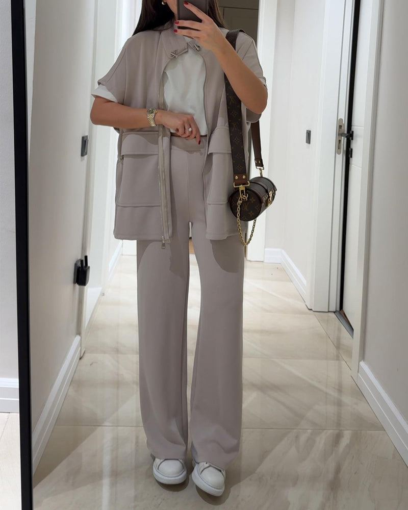 Casual Waist Detail Top & Trousers Two-Piece Set