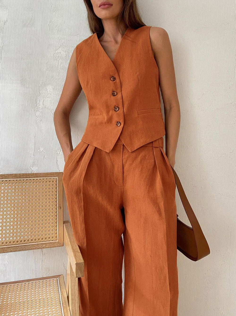 V-Neck Pleated Wide-Leg Trousers Two-Piece Set