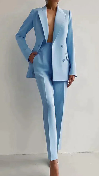 Casual Commuting Solid Colour Blazer & High Waist Trousers Set