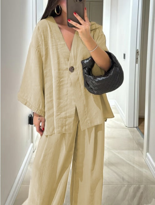 Casual V-Neck Top & Trousers Two-Piece Set