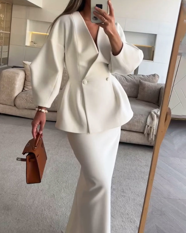 Solid Colour V-Neck Top & Skirt Two-Piece Set