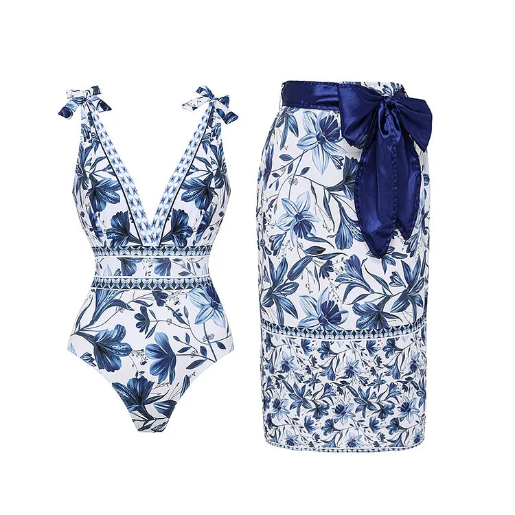 V-Neck Lace-Up Printed One-Piece Swimsuit with Skirt