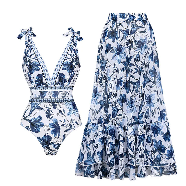 V-Neck Lace-Up Printed One-Piece Swimsuit with Skirt