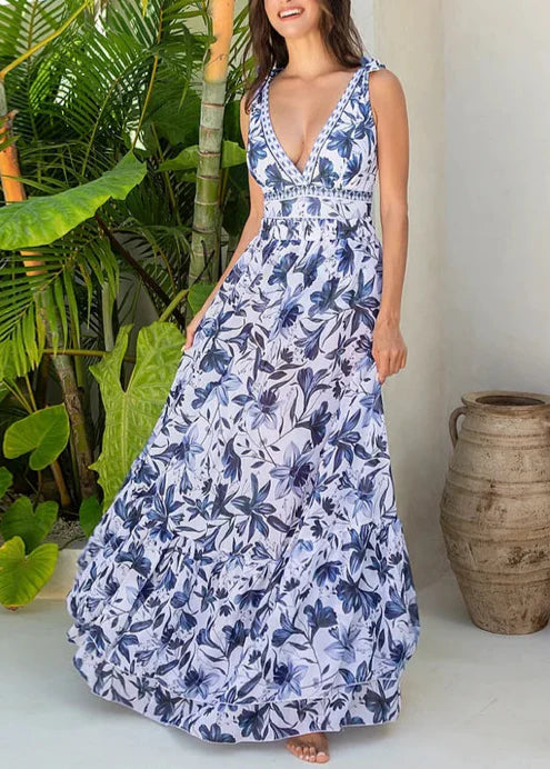 V-Neck Lace-Up Printed One-Piece Swimsuit with Skirt