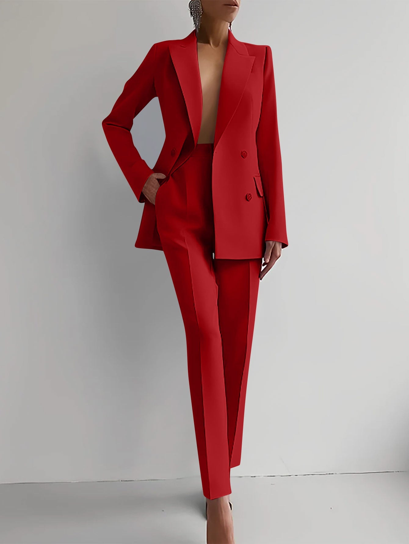 Casual Commuting Solid Colour Blazer & High Waist Trousers Set