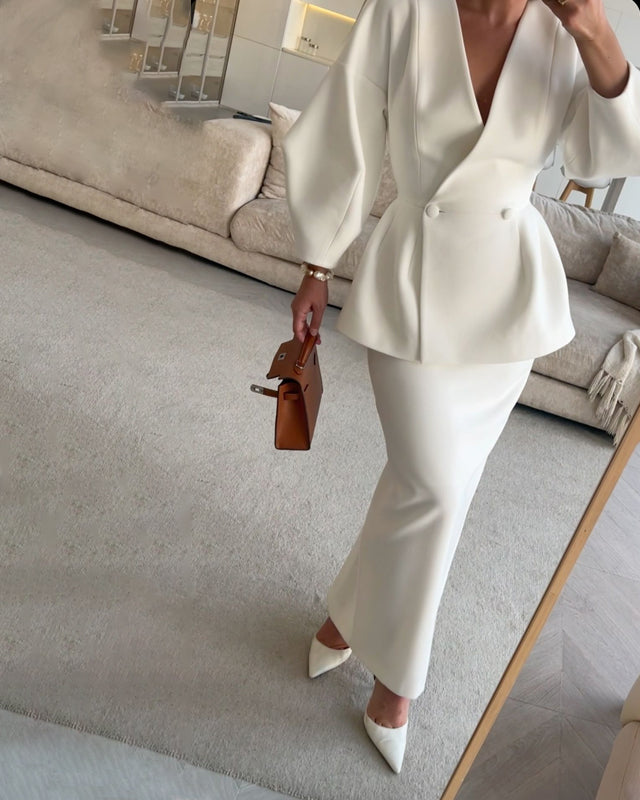 Solid Colour V-Neck Top & Skirt Two-Piece Set