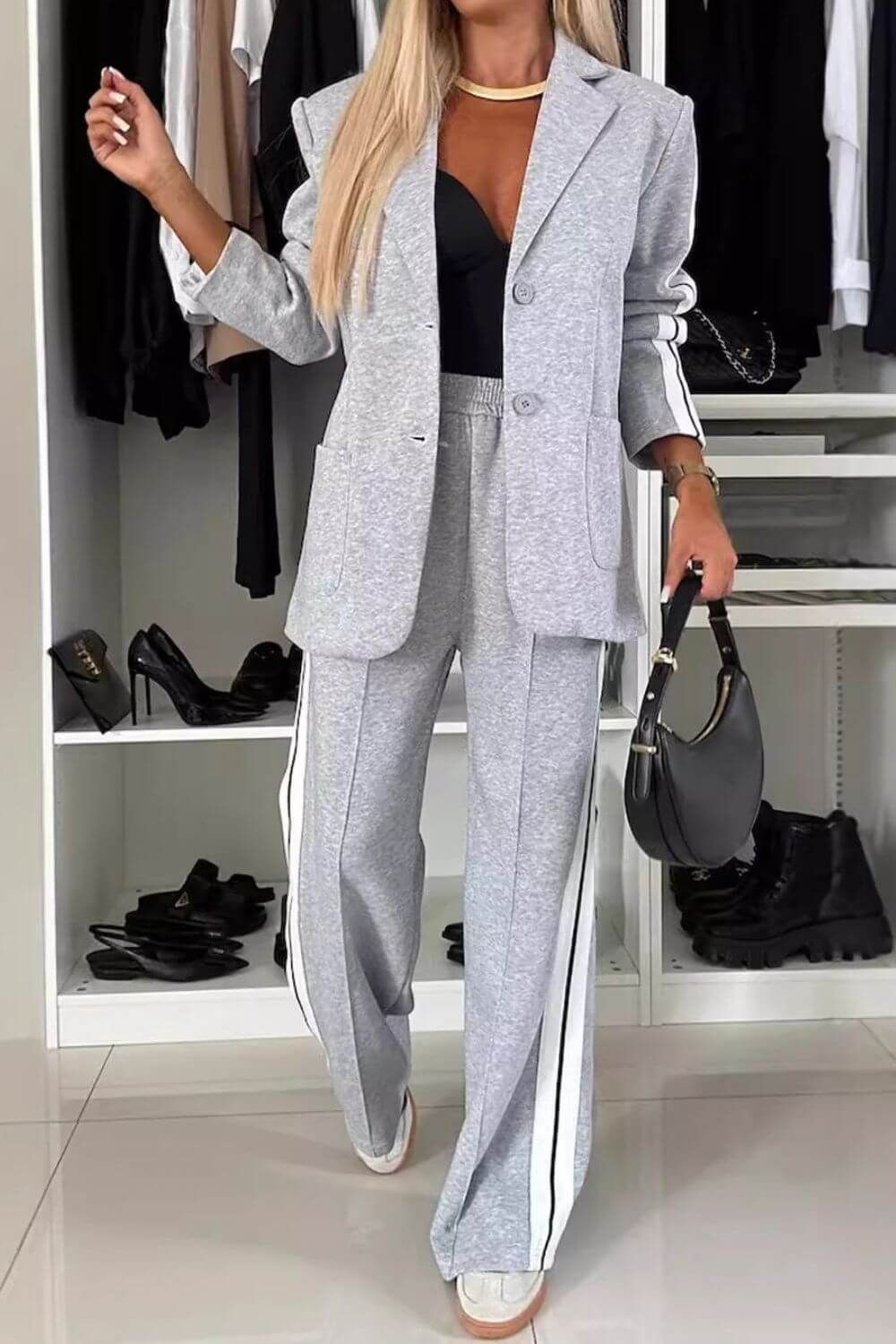 Contrast Lapel Collar Top and Trousers Set