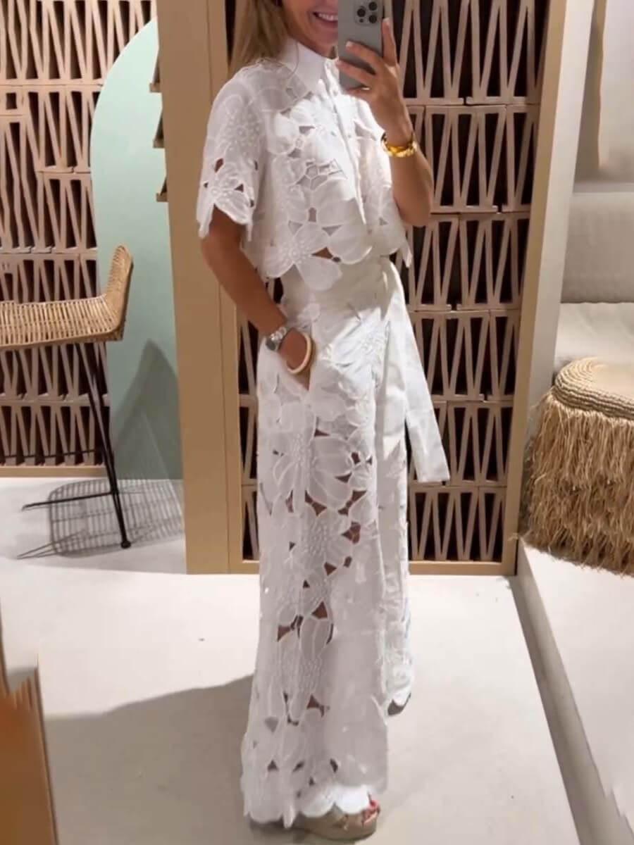 Exquisite floral embroidery sexy hollow suit
