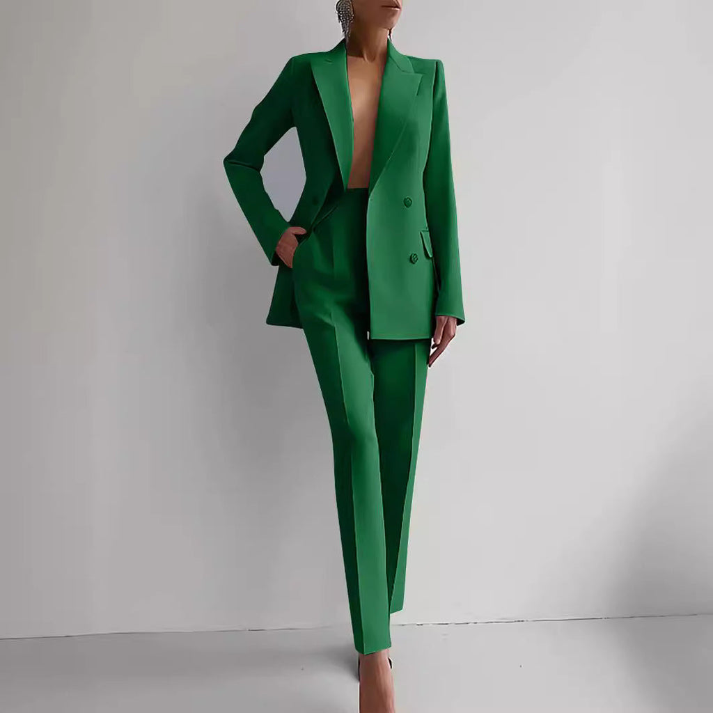 Casual Commuting Solid Colour Blazer & High Waist Trousers Set