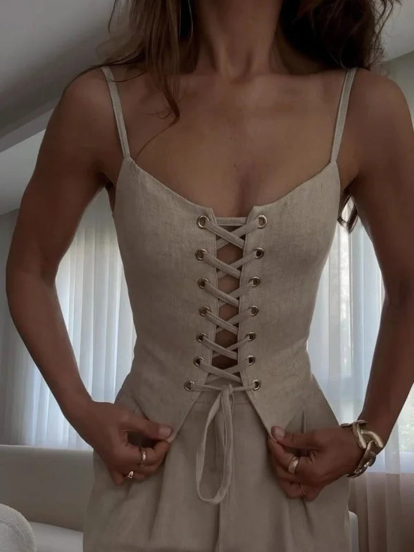 Linen Blend Tie Front Camisole Two-Piece Set