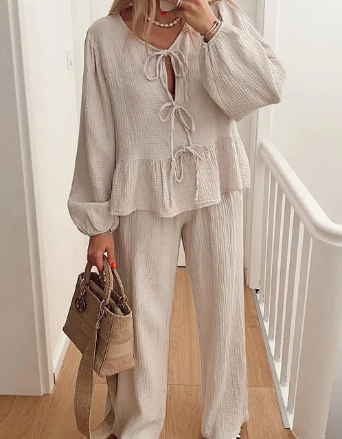 Casual Solid Colour Lace-Up Top & Trousers Two-Piece Set