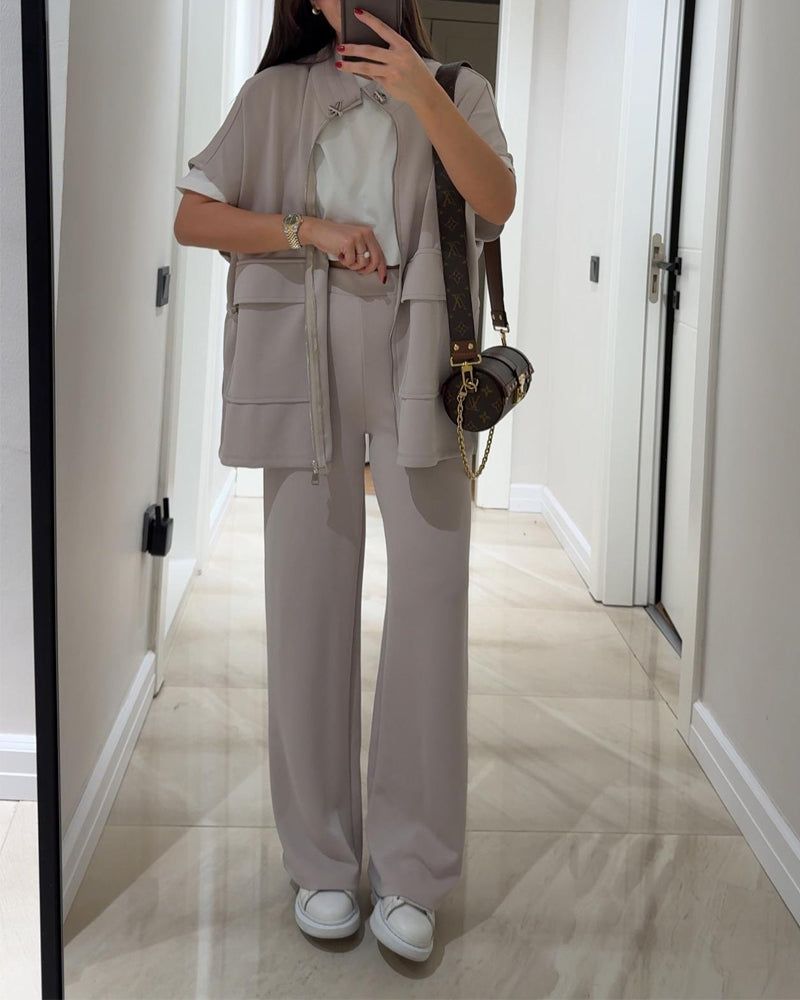 Casual Waist Detail Top & Trousers Two-Piece Set