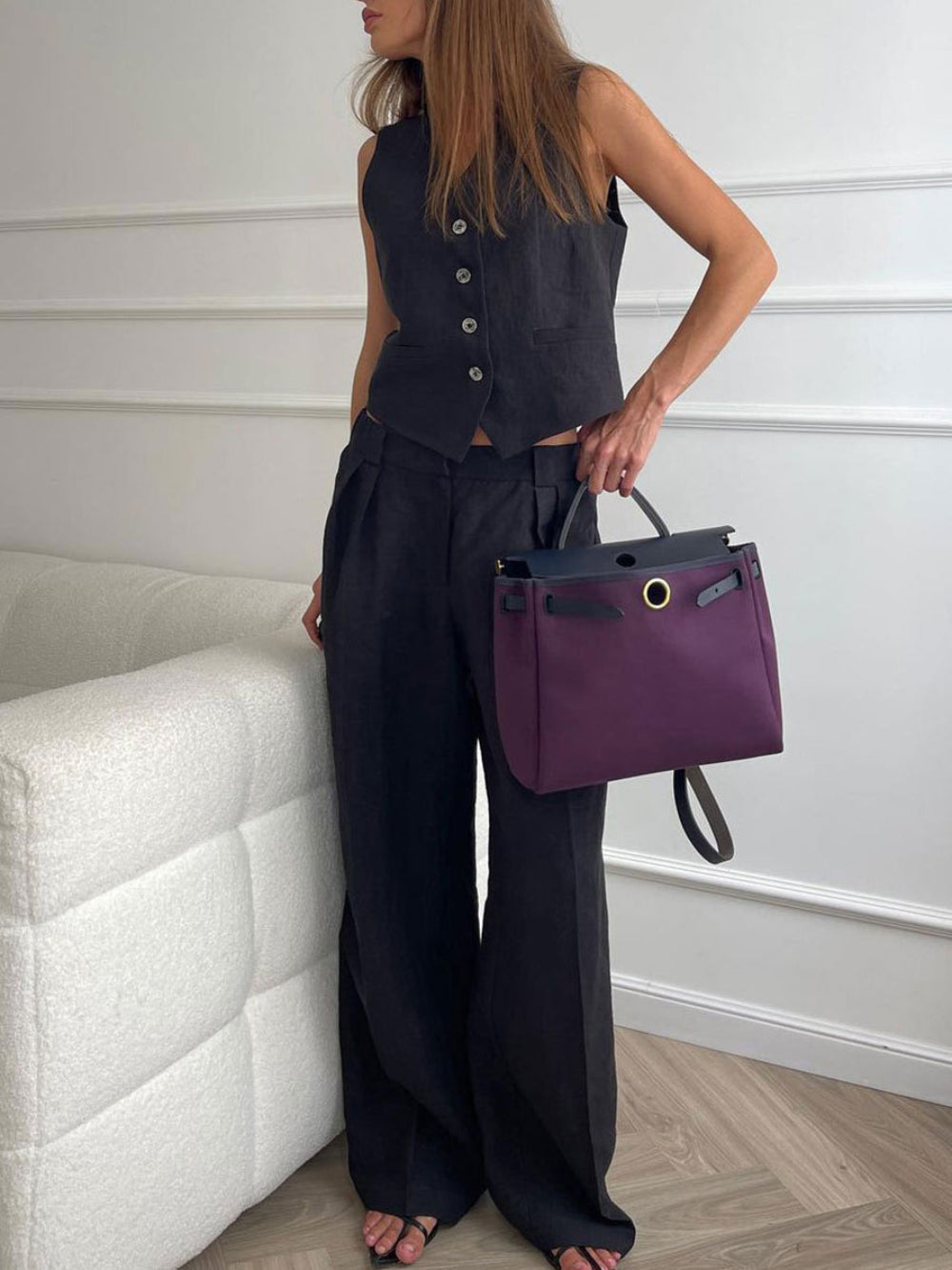 V-Neck Pleated Wide-Leg Trousers Two-Piece Set