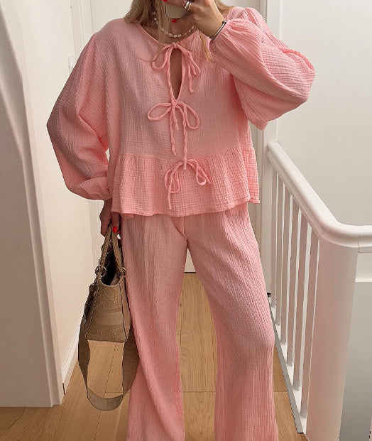 Casual Solid Colour Lace-Up Top & Trousers Two-Piece Set