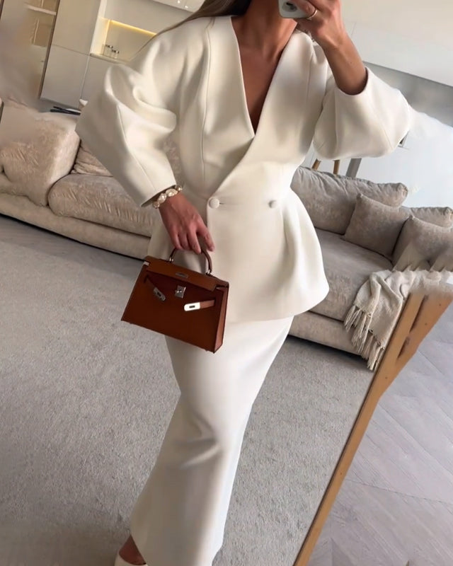 Solid Colour V-Neck Top & Skirt Two-Piece Set