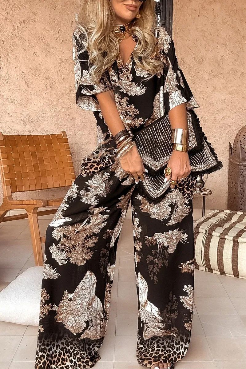 Casual V-neck printed short-sleeved top and wide-leg pants set