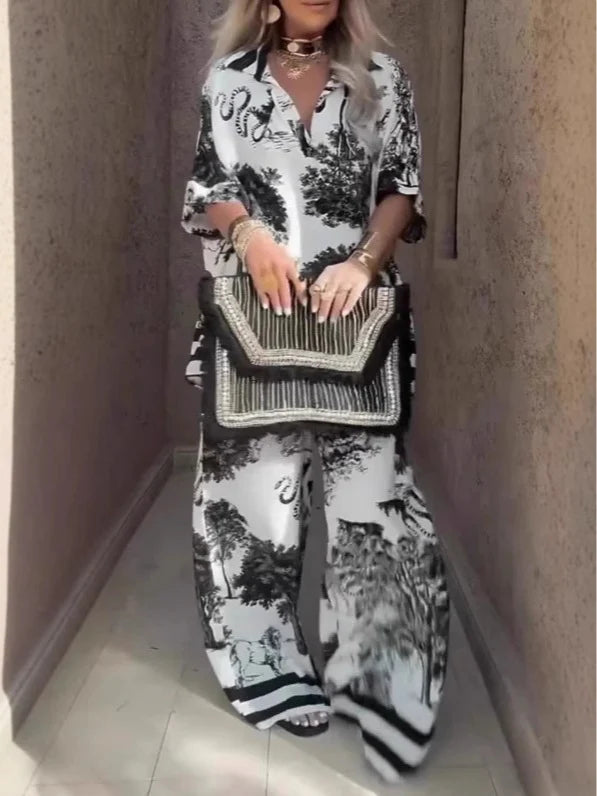 Casual V-neck printed short-sleeved top and wide-leg pants set