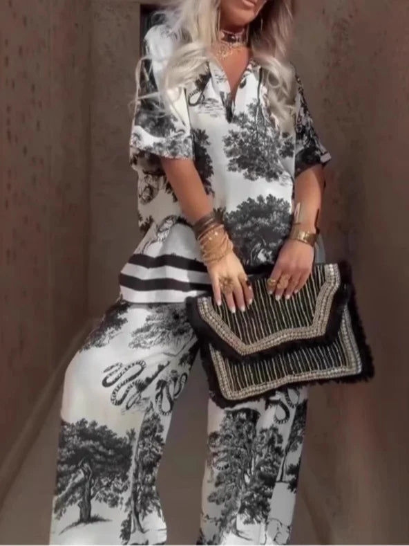 Casual V-neck printed short-sleeved top and wide-leg pants set