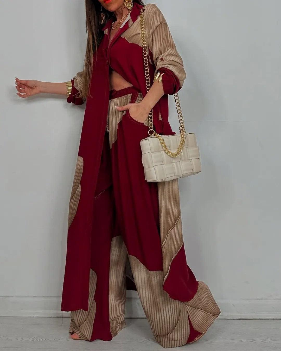 Women's V-neck Patchwork Top and Trousers Casual Set