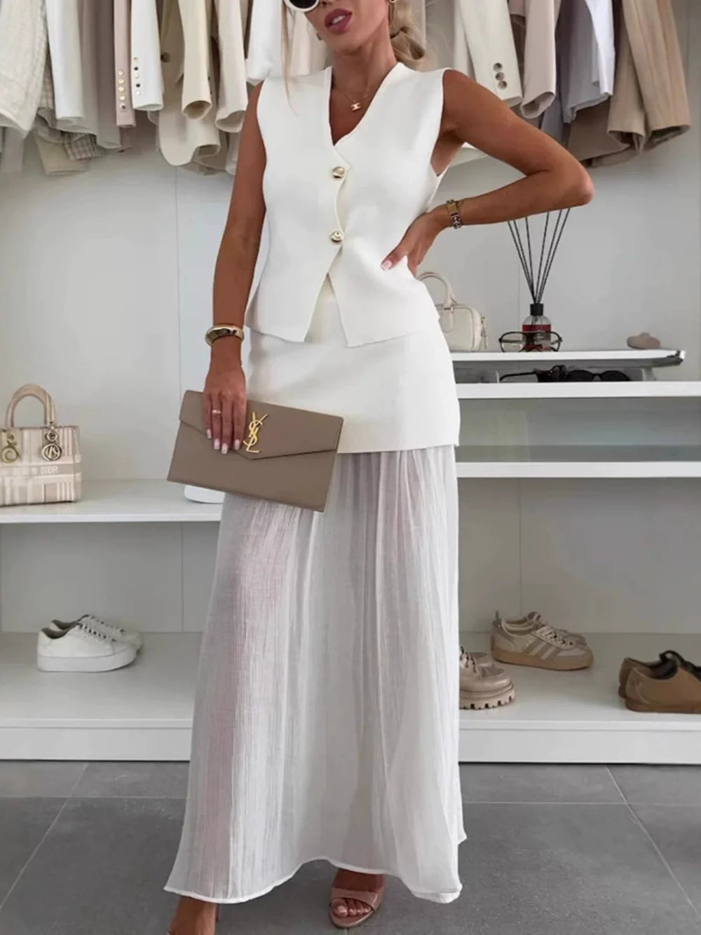 Knitted Vest with Tulle Patchwork Pleated Long Skirt Set