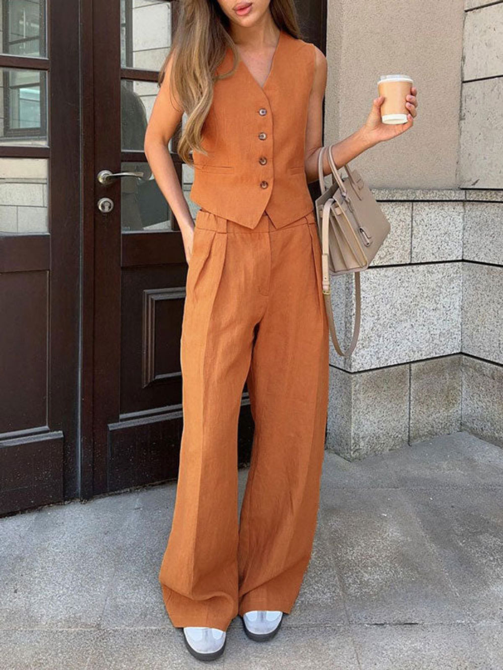 V-Neck Pleated Wide-Leg Trousers Two-Piece Set
