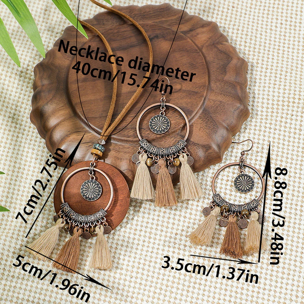 Vintage Distressed Bohemian Tassel Necklace and Earrings Set