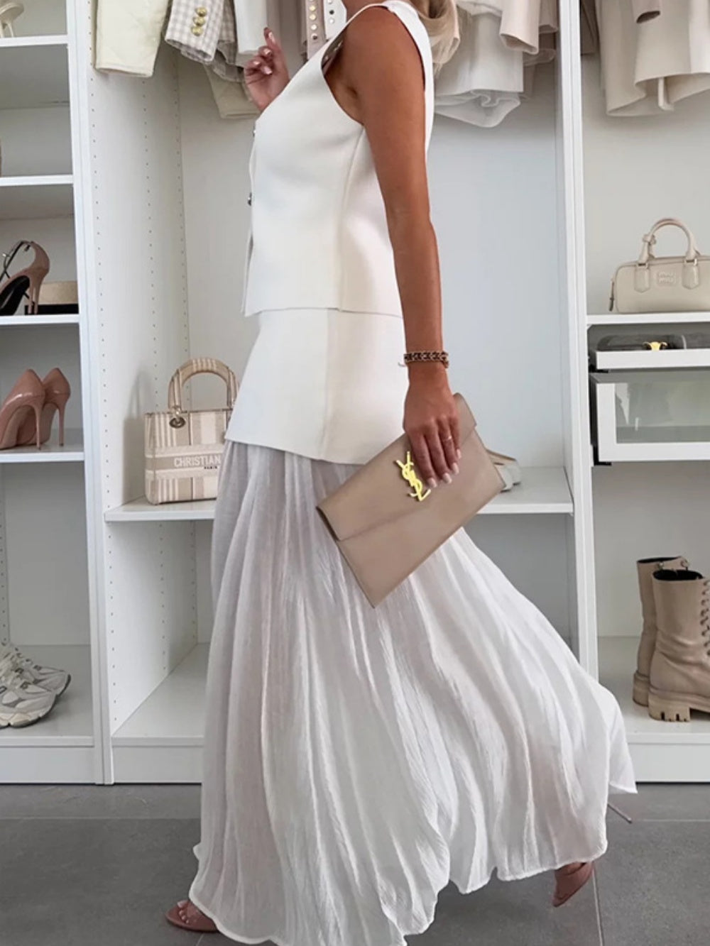 Knitted Vest with Tulle Patchwork Pleated Long Skirt Set