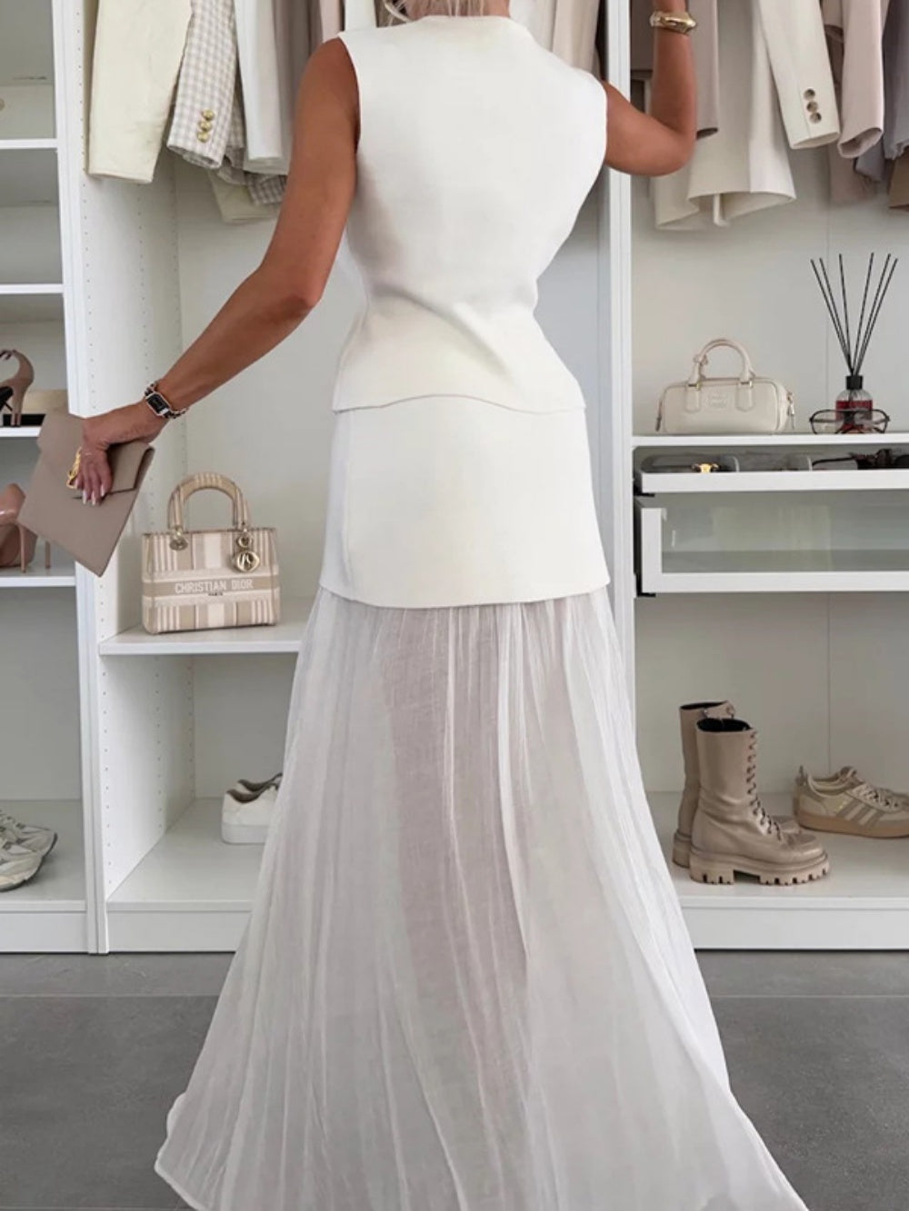 Knitted Vest with Tulle Patchwork Pleated Long Skirt Set