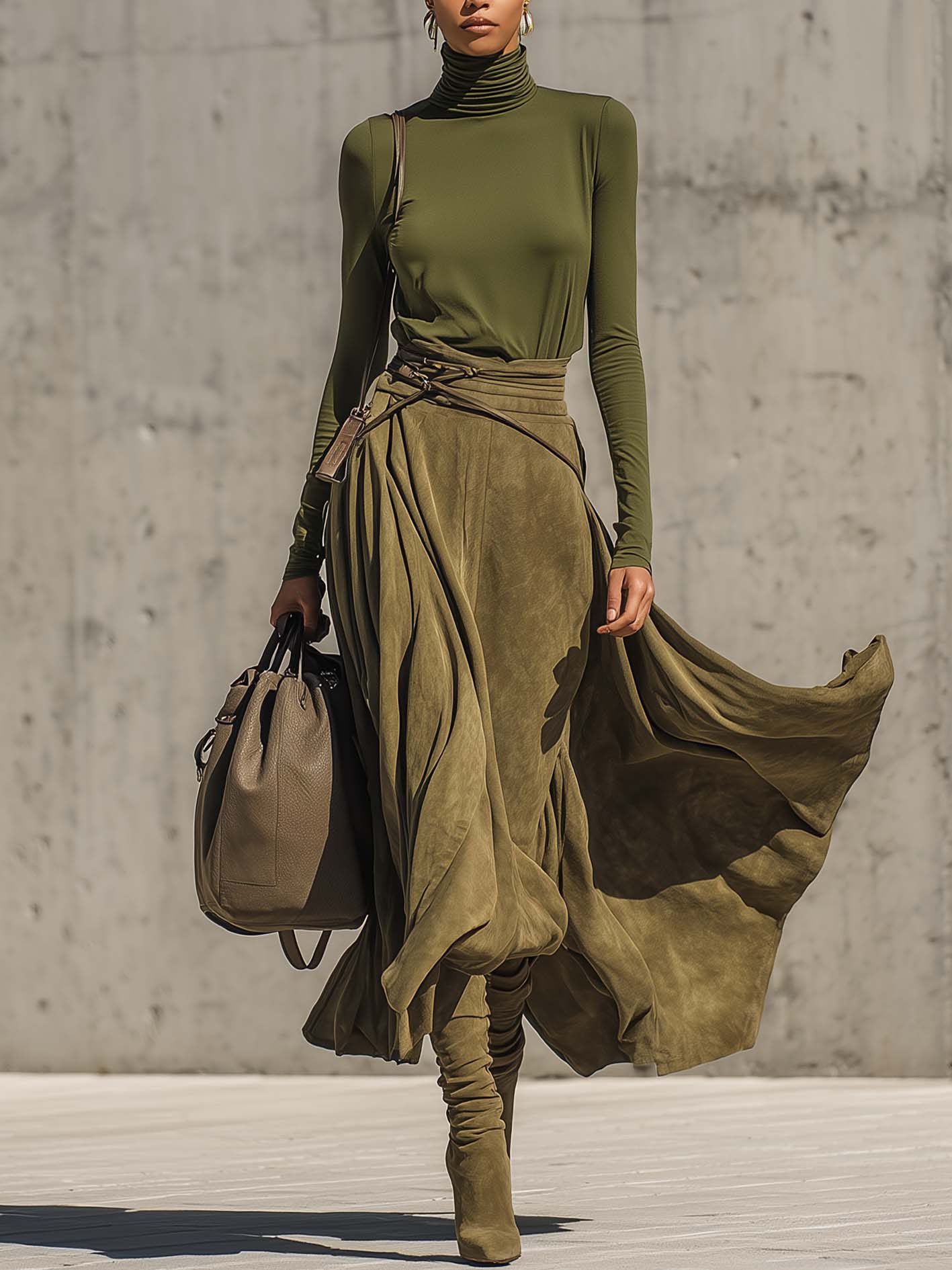 Olive Green Stretch Turtleneck Top and Faux Suede Maxi Skirt Set (Includes belt)